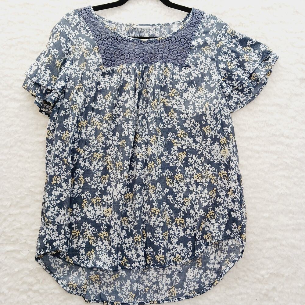 Blouse Gray Yellow Ditsy Floral Crochet Double Ruffle Bloomcore Whimsy Size L